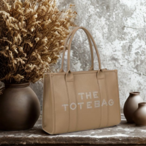 Sac THE TOTE BAG taupe foncé écriture à strass