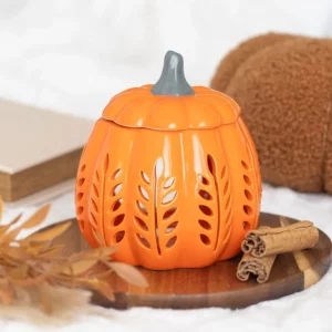 Décoration automne – Brûleur d’huile et chauffe-cire citrouille et feuille d’automne orange